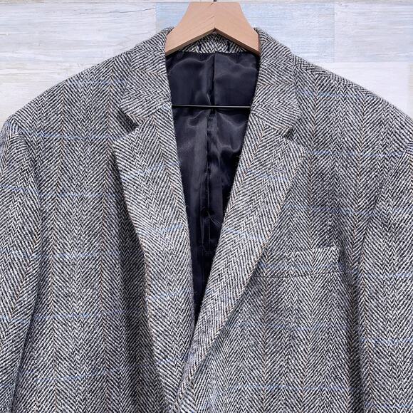 Harris Tweed Stafford Wool Sport Coat Gray Herringbone Check Classic Mens 48R - Picture 2 of 10
